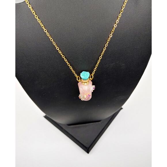 New Solid Rose Quartz Flowers Stone Bottle Necklace with Screw Off Lid - Picture 4 of 5